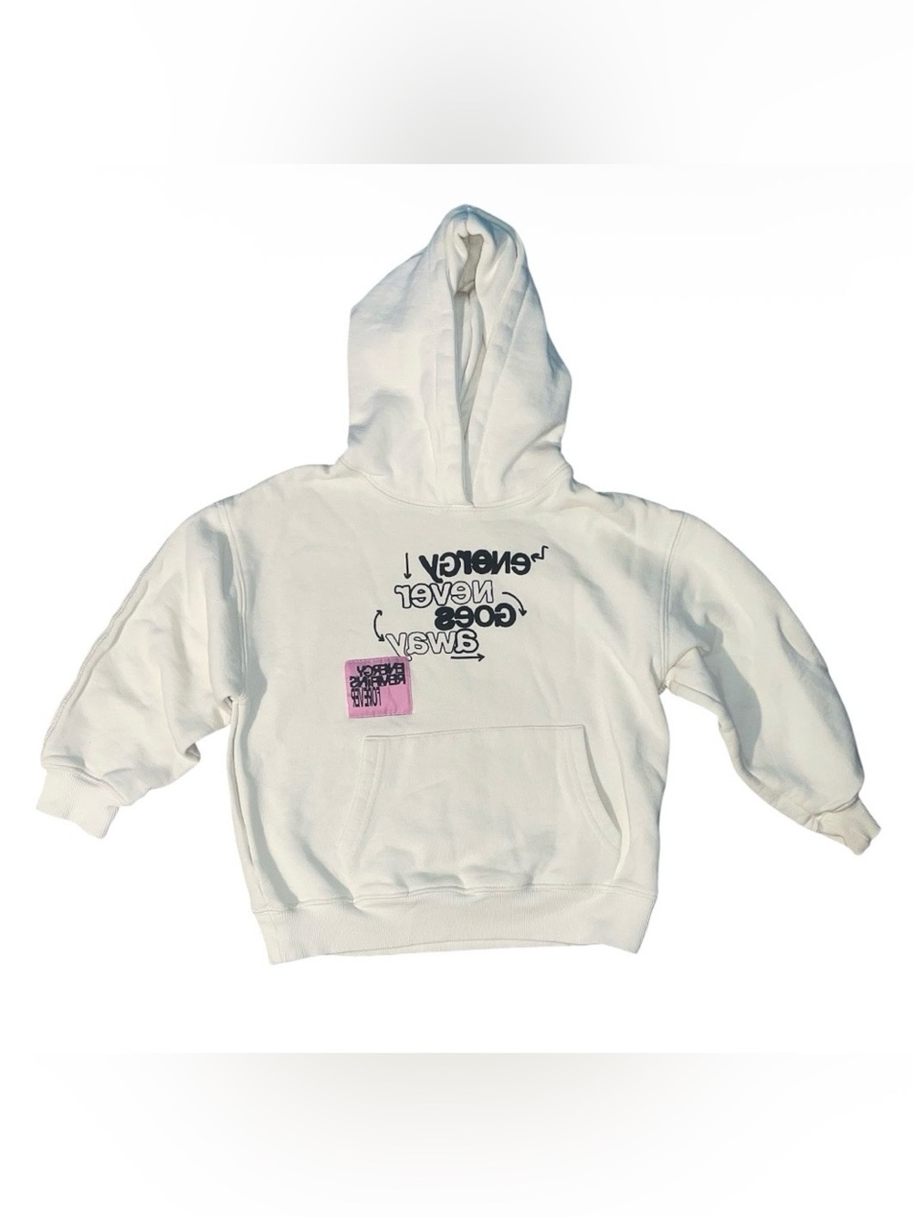 Zara White Hoodie with Black Graphic and Pink Patch